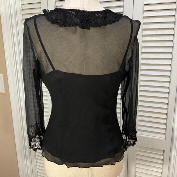 ECI S Black Silk Chiffon Ruffle & Lace Sheer Top & Camisole Womens Size Small - Picture 9 of 13